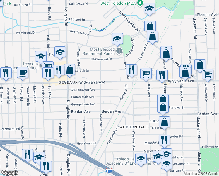map of restaurants, bars, coffee shops, grocery stores, and more near 2230 Charlestown Avenue in Toledo