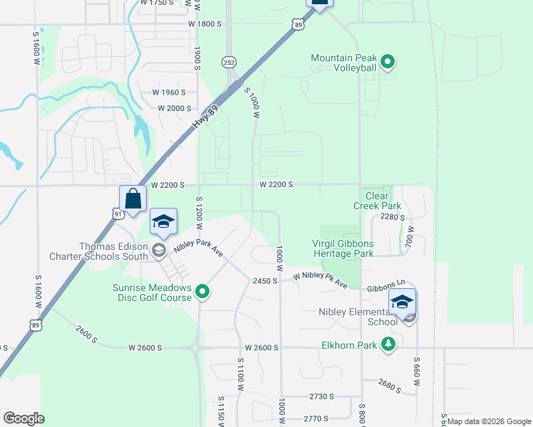 map of restaurants, bars, coffee shops, grocery stores, and more near West 2260 South in Nibley