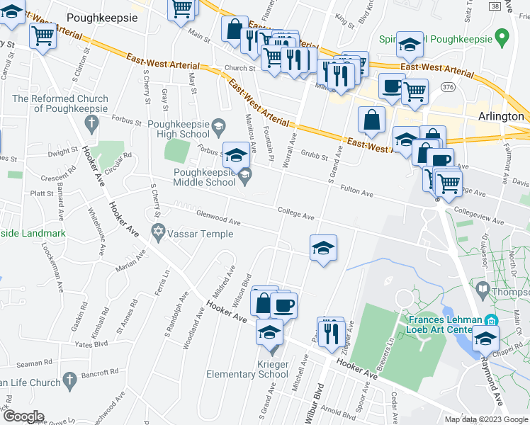 map of restaurants, bars, coffee shops, grocery stores, and more near 79 Glenwood Avenue in Poughkeepsie