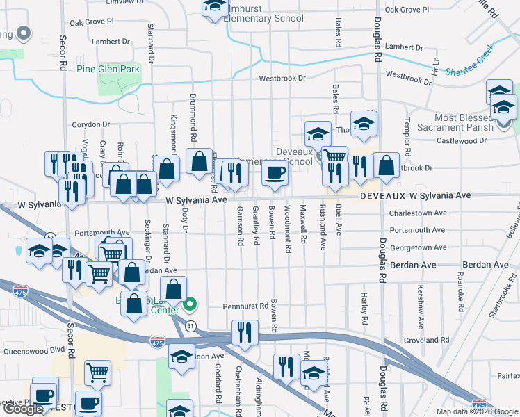 map of restaurants, bars, coffee shops, grocery stores, and more near 3920 Grantley Road in Toledo