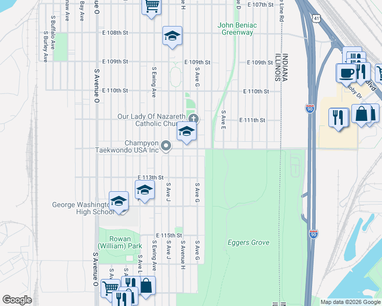 map of restaurants, bars, coffee shops, grocery stores, and more near 11227 South Avenue H in Chicago
