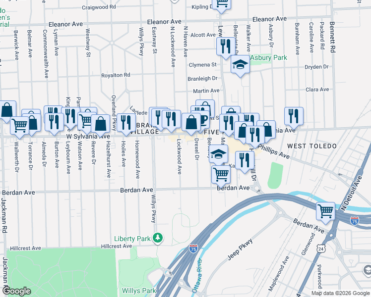 map of restaurants, bars, coffee shops, grocery stores, and more near 3909 Lockwood Avenue in Toledo