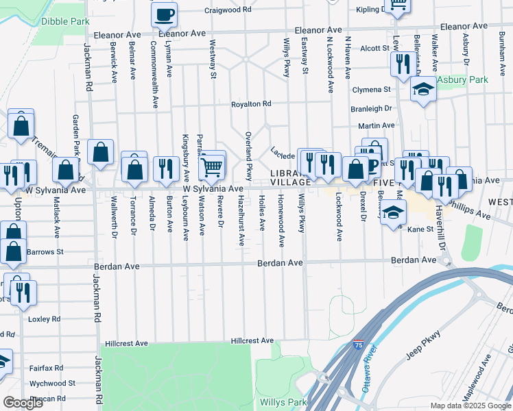 map of restaurants, bars, coffee shops, grocery stores, and more near 3916 Hoiles Avenue in Toledo