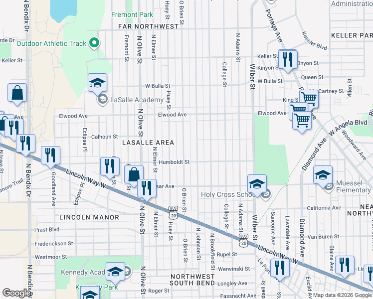 map of restaurants, bars, coffee shops, grocery stores, and more near 1214 Obrien Street in South Bend