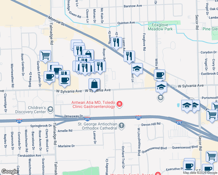 map of restaurants, bars, coffee shops, grocery stores, and more near 3927 West Sylvania Avenue in Toledo