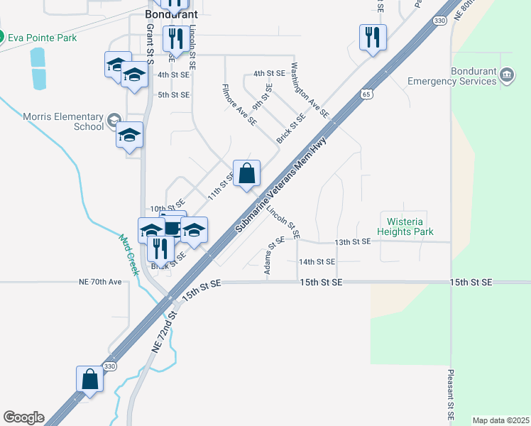 map of restaurants, bars, coffee shops, grocery stores, and more near 1202 Kadin Trail in Bondurant