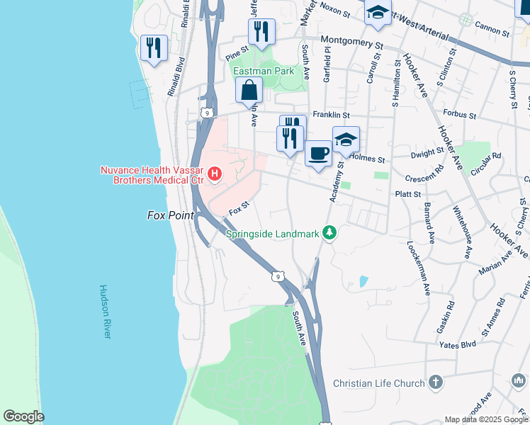 map of restaurants, bars, coffee shops, grocery stores, and more near 2 Linwood Avenue in Poughkeepsie