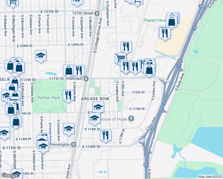 map of restaurants, bars, coffee shops, grocery stores, and more near 618 East 112th Street in Chicago