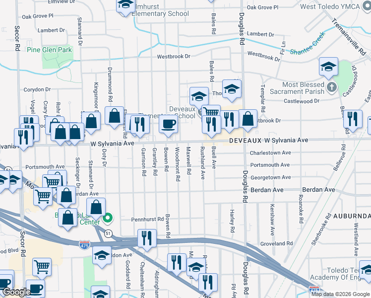 map of restaurants, bars, coffee shops, grocery stores, and more near 3939 Maxwell Road in Toledo