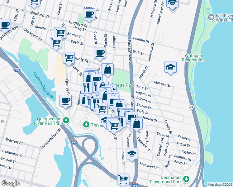 map of restaurants, bars, coffee shops, grocery stores, and more near 59 Saint Joseph Street in Fall River