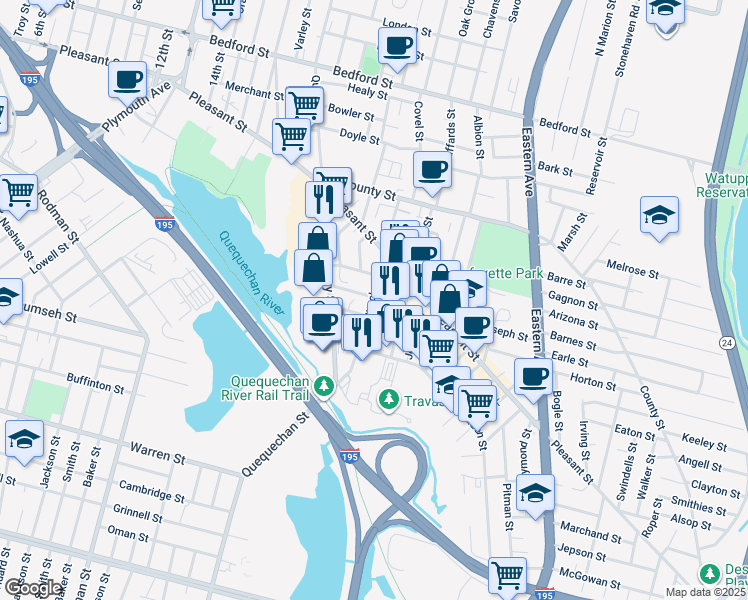 map of restaurants, bars, coffee shops, grocery stores, and more near 281 Harrison Street in Fall River