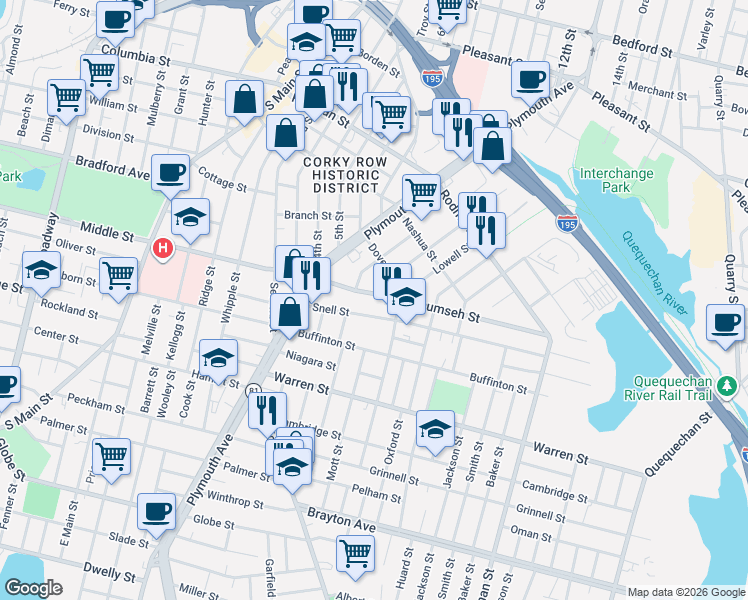 map of restaurants, bars, coffee shops, grocery stores, and more near 135 Snell Street in Fall River