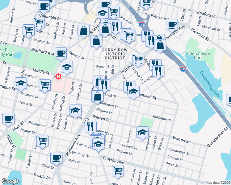 map of restaurants, bars, coffee shops, grocery stores, and more near 135 Snell Street in Fall River