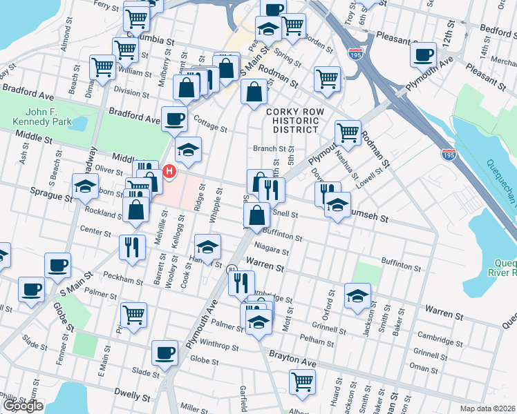 map of restaurants, bars, coffee shops, grocery stores, and more near 867 Plymouth Avenue in Fall River
