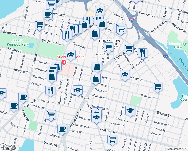 map of restaurants, bars, coffee shops, grocery stores, and more near 867 Plymouth Avenue in Fall River