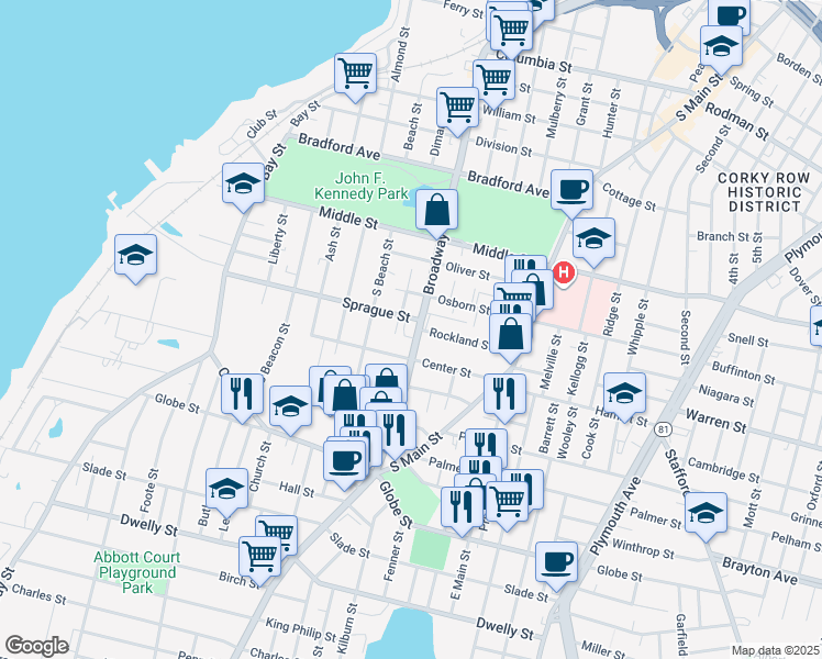 map of restaurants, bars, coffee shops, grocery stores, and more near 390 Center Street in Fall River
