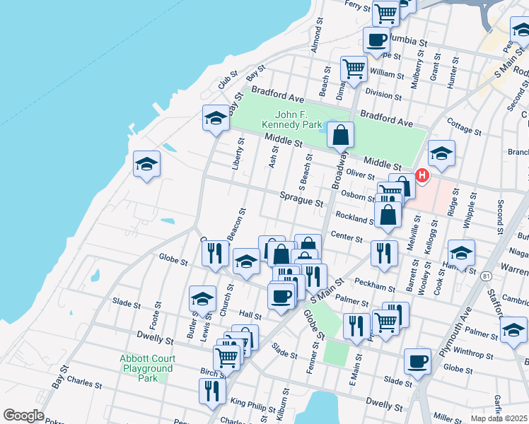 map of restaurants, bars, coffee shops, grocery stores, and more near 23 Evelyn's Way in Fall River