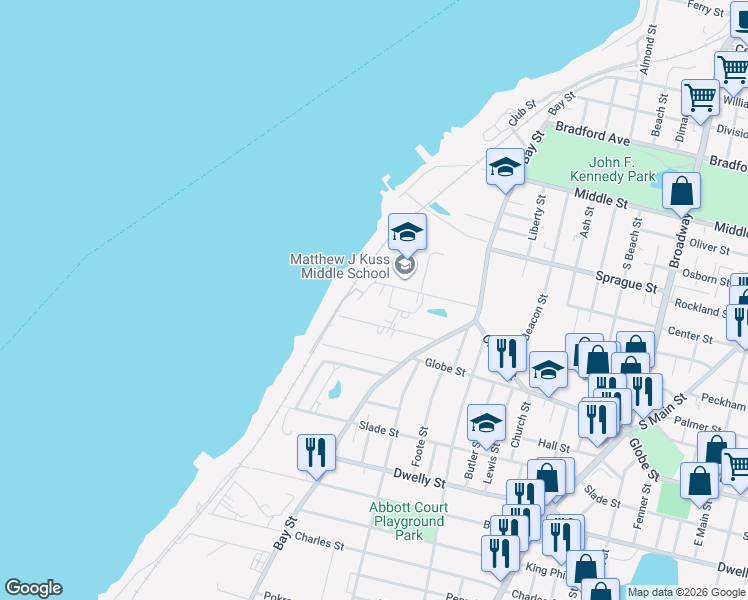 map of restaurants, bars, coffee shops, grocery stores, and more near 58 Friendship Street in Fall River