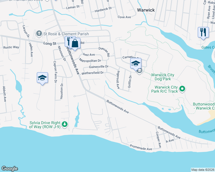 map of restaurants, bars, coffee shops, grocery stores, and more near 25 Seabreeze Terrace in Warwick