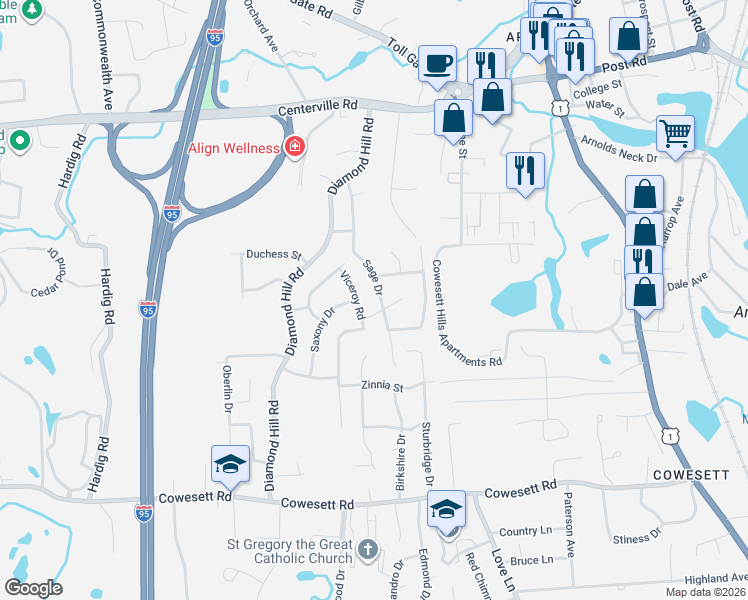 map of restaurants, bars, coffee shops, grocery stores, and more near 115 Sage Drive in Warwick