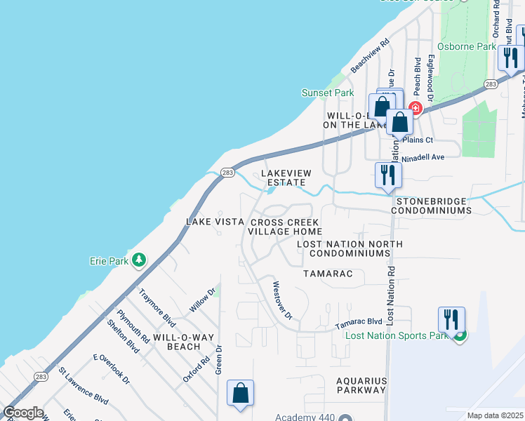 map of restaurants, bars, coffee shops, grocery stores, and more near 1328 North Brooks Drive in Willoughby