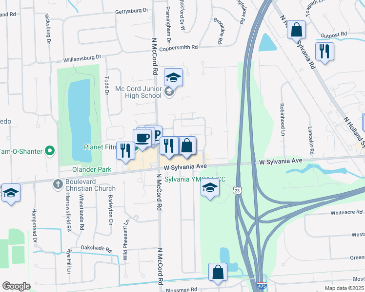map of restaurants, bars, coffee shops, grocery stores, and more near 4001 New Castle Drive in Sylvania