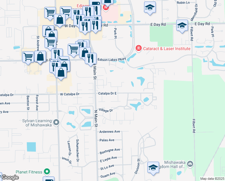 map of restaurants, bars, coffee shops, grocery stores, and more near 201-299 Catalpa Drive East in Mishawaka