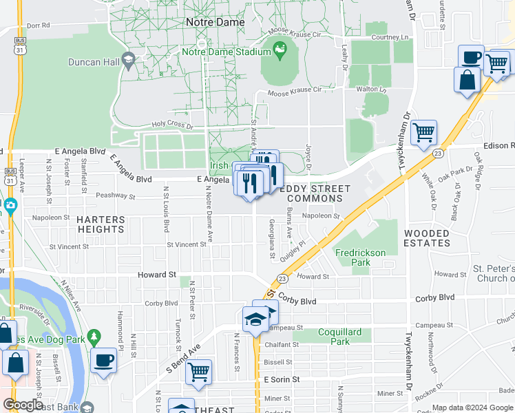 map of restaurants, bars, coffee shops, grocery stores, and more near 1147 Georgiana Street in South Bend