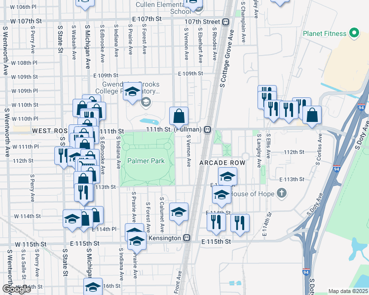map of restaurants, bars, coffee shops, grocery stores, and more near 11159 South Vernon Avenue in Chicago