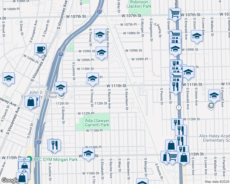 map of restaurants, bars, coffee shops, grocery stores, and more near 1135 West 111th Place in Chicago