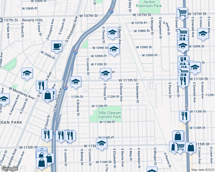 map of restaurants, bars, coffee shops, grocery stores, and more near 1251 West 111th Place in Chicago