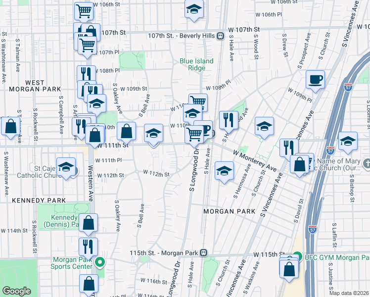 map of restaurants, bars, coffee shops, grocery stores, and more near 11131 South Hoyne Avenue in Chicago