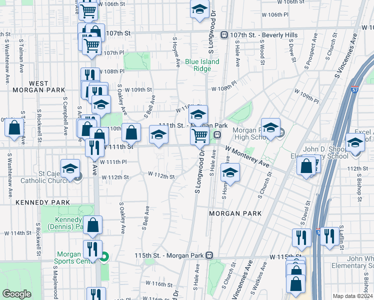 map of restaurants, bars, coffee shops, grocery stores, and more near 11131 South Hoyne Avenue in Chicago