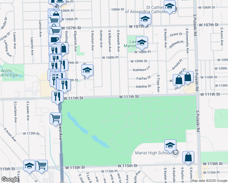 map of restaurants, bars, coffee shops, grocery stores, and more near in Oak Lawn