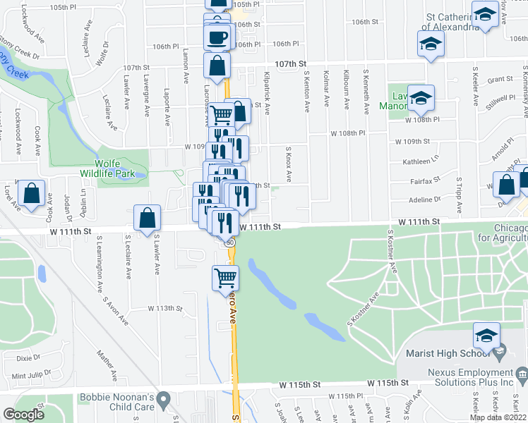 map of restaurants, bars, coffee shops, grocery stores, and more near 4700 West 111th Street in Oak Lawn