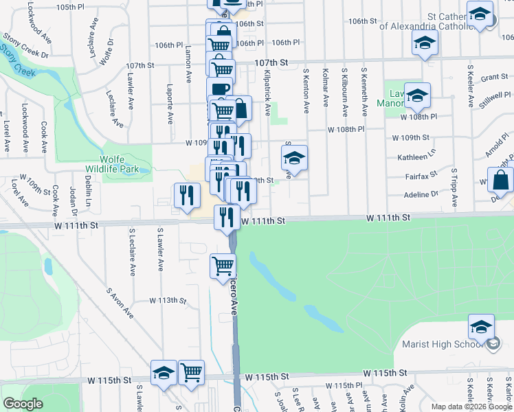map of restaurants, bars, coffee shops, grocery stores, and more near 4700 West 111th Street in Oak Lawn