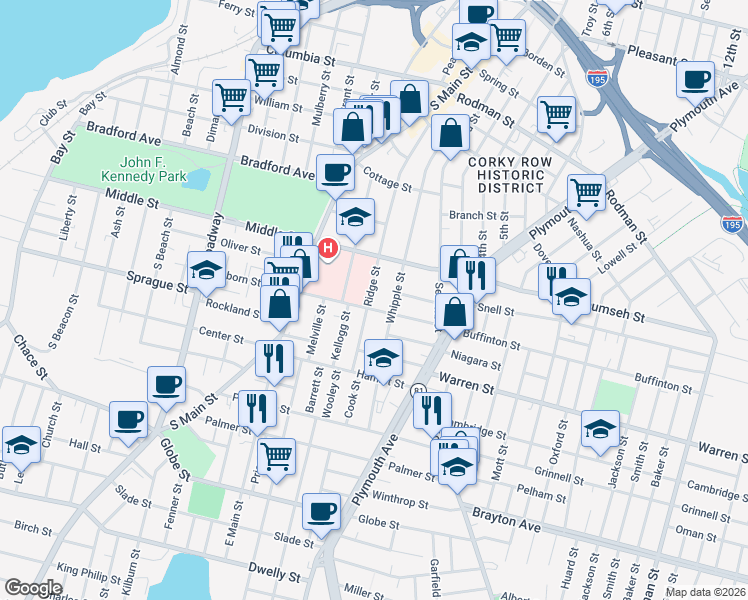 map of restaurants, bars, coffee shops, grocery stores, and more near 432 Ridge Street in Fall River