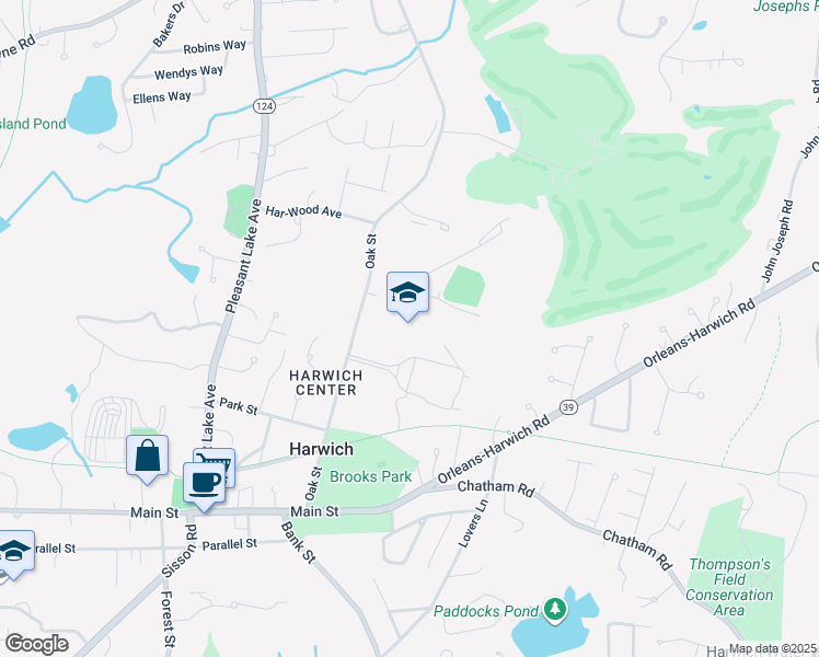 map of restaurants, bars, coffee shops, grocery stores, and more near 75 Oak Street in Harwich
