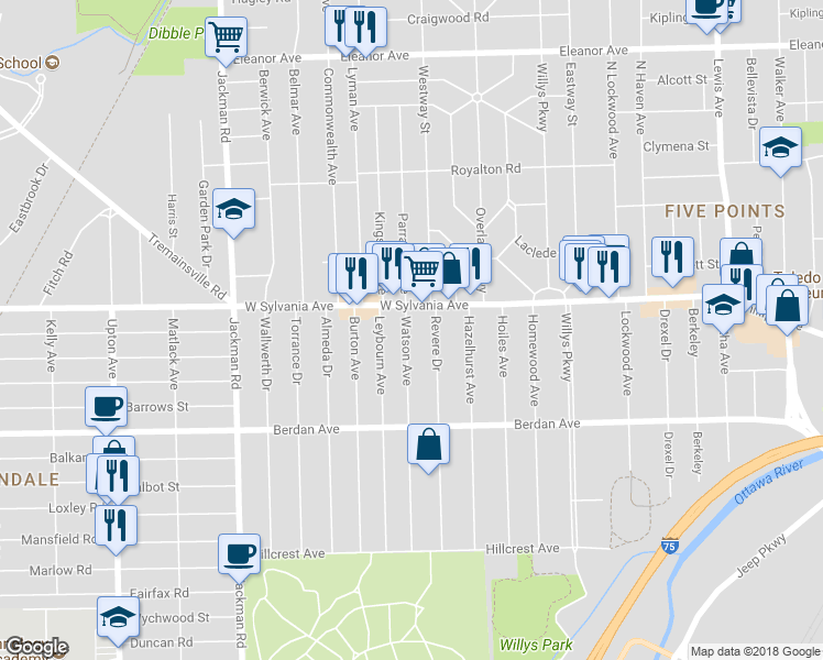 map of restaurants, bars, coffee shops, grocery stores, and more near 3942 Watson Avenue in Toledo