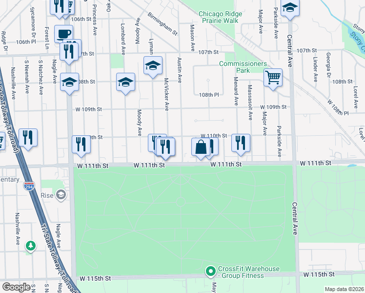 map of restaurants, bars, coffee shops, grocery stores, and more near 6000 West 111th Street in Chicago Ridge