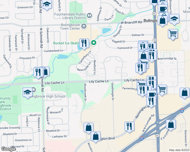 map of restaurants, bars, coffee shops, grocery stores, and more near 317 Summerbreeze Court in Bolingbrook