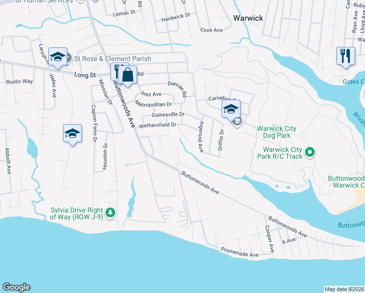 map of restaurants, bars, coffee shops, grocery stores, and more near 25 Seabreeze Terrace in Warwick