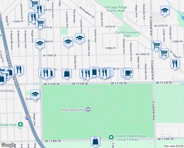 map of restaurants, bars, coffee shops, grocery stores, and more near 6000 West 111th Street in Chicago Ridge