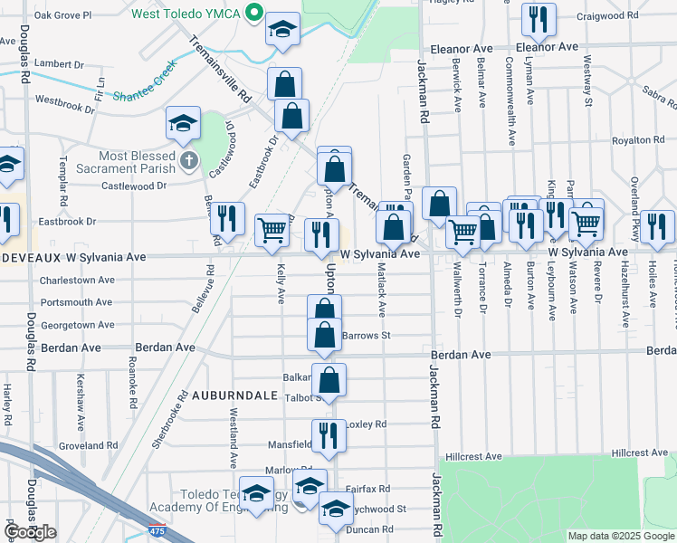 map of restaurants, bars, coffee shops, grocery stores, and more near 3928 Upton Avenue in Toledo