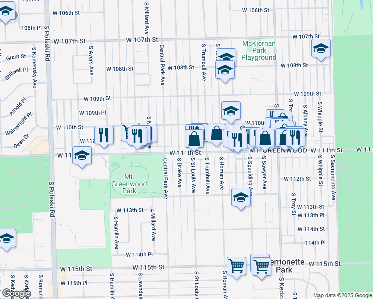 map of restaurants, bars, coffee shops, grocery stores, and more near 11117 South Saint Louis Avenue in Chicago