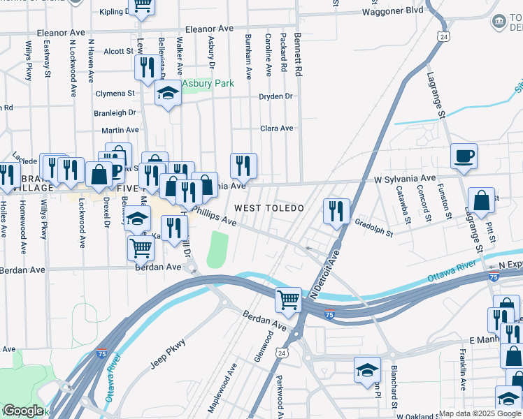 map of restaurants, bars, coffee shops, grocery stores, and more near 630 Phillips Avenue in Toledo
