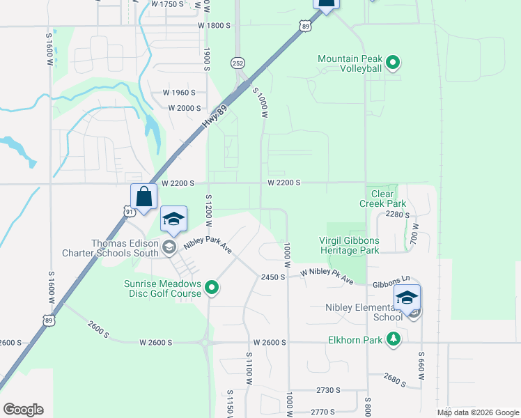 map of restaurants, bars, coffee shops, grocery stores, and more near West 2260 South in Nibley