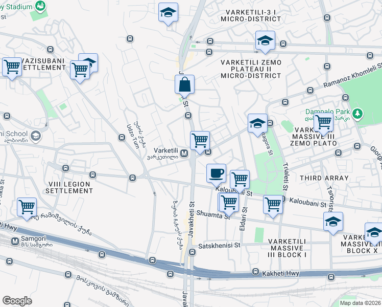 map of restaurants, bars, coffee shops, grocery stores, and more near Javakheti Street in Tbilisi