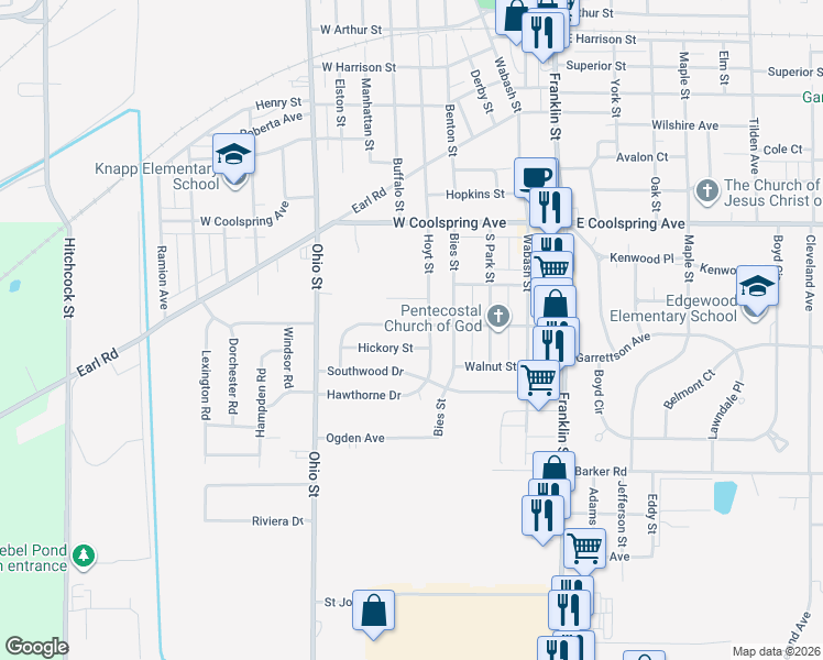 map of restaurants, bars, coffee shops, grocery stores, and more near 306 Hickory Street in Michigan City