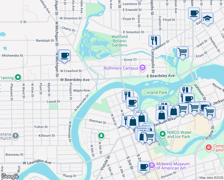 map of restaurants, bars, coffee shops, grocery stores, and more near 427 North 2nd Street in Elkhart